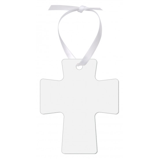 4855 - Cross Shape Aluminum 2-Sided Ornament with White Ribbon  A-1
